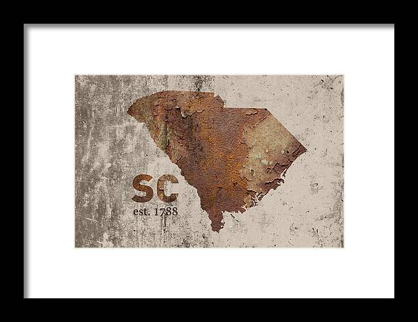 South Carolina Framed Print featuring the mixed media South Carolina State Map Industrial Rusted Metal on Cement Wall with Founding Date Series 010 by Design Turnpike