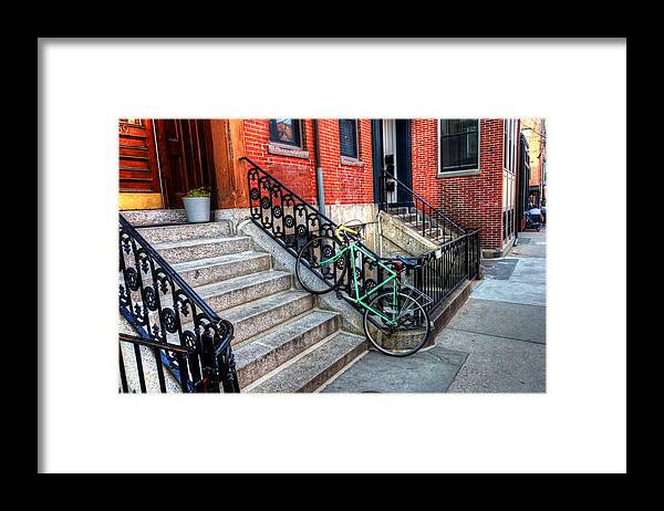 Boston Framed Print featuring the photograph South End Locked up Bike Brownstone Boston MA by Toby McGuire
