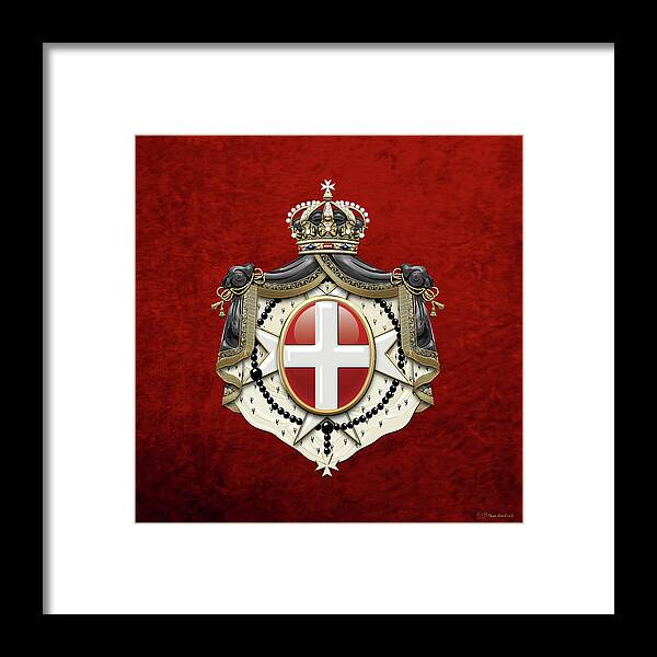 'ancient Brotherhoods' Collection By Serge Averbukh Framed Print featuring the digital art Sovereign Military Order of Malta Coat of Arms over Red Velvet by Serge Averbukh