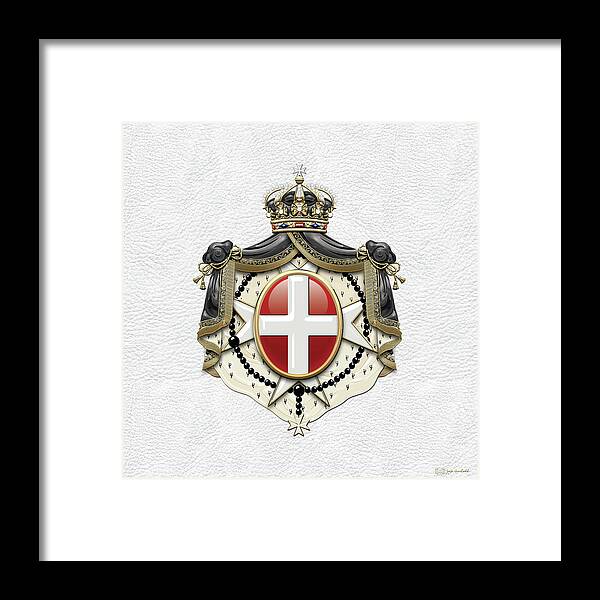 'ancient Brotherhoods' Collection By Serge Averbukh Framed Print featuring the digital art Sovereign Military Order of Malta Coat of Arms over White Leather by Serge Averbukh