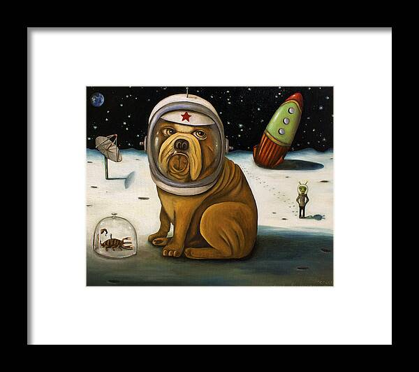 Rocket Framed Print featuring the painting Space Crash by Leah Saulnier The Painting Maniac