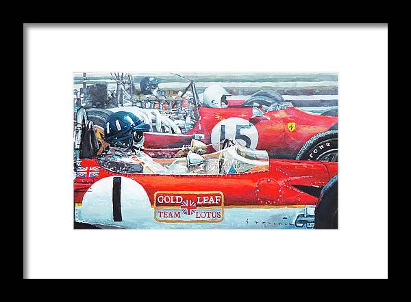 Acrylic On Canvas Framed Print featuring the painting Spain GP 1969 Lotus 49 Hill Ferrari 312 Amon Lotus 49B Rindt by Yuriy Shevchuk