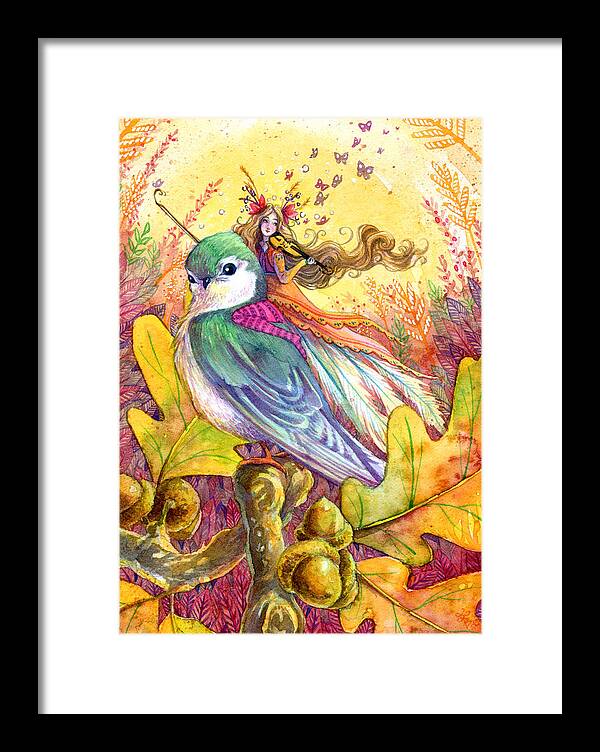 Bird Sparrow Fairy Violin Music Autumn Leaves Watercolor Illustration Fantasy Fairytale Girl Framed Print featuring the painting Sparrow's Song by Sara Burrier