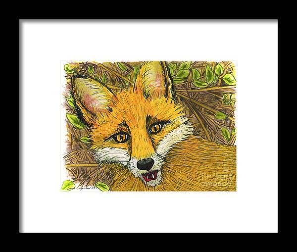 Fox Framed Print featuring the drawing Speaking Fox by Laura Brightwood