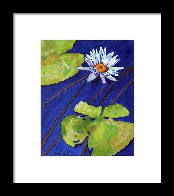 Water Lily Framed Print featuring the painting Splash of White on Lily Pond by John Lautermilch