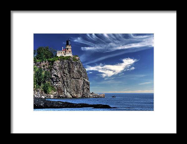 Split Rock Lighthouse Lake Superior North Shore State Park Light Rock Cliff Water Waves Clouds Cirrus Mares Tails Blue Danger Warning Spotlight Ship Maritime Naval Fishing Boat Fishermen Big Lake Ellingson Island Harbor Mn Minnesota North Shore Framed Print featuring the photograph Split Rock Lighthouse on Glorious Summer Day by Peter Herman