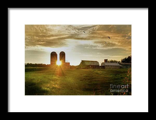 Dairy Farm Landscape Framed Print featuring the photograph Split Silo Sunset by Benanne Stiens