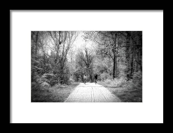 Bicycle Framed Print featuring the photograph Spring Bike Ride On The Woodland Trail BW by Thomas Woolworth