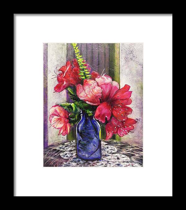 Spring Azalea Cobalt Blue Bottle Fern Crochet Doily Bouquet Pink Floral Framed Print featuring the painting Spring in a Blue Bottle by Judi Cain