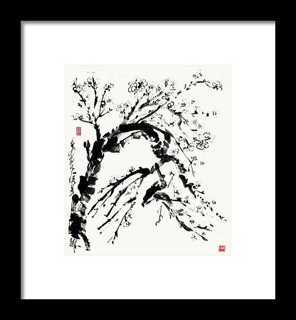 Sumi Framed Print featuring the painting Spring In Black And White - A Branch Of Almond Blossom by Nadja Van Ghelue