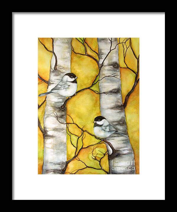 Bird Framed Print featuring the painting Chickadees on yellow by Inese Poga