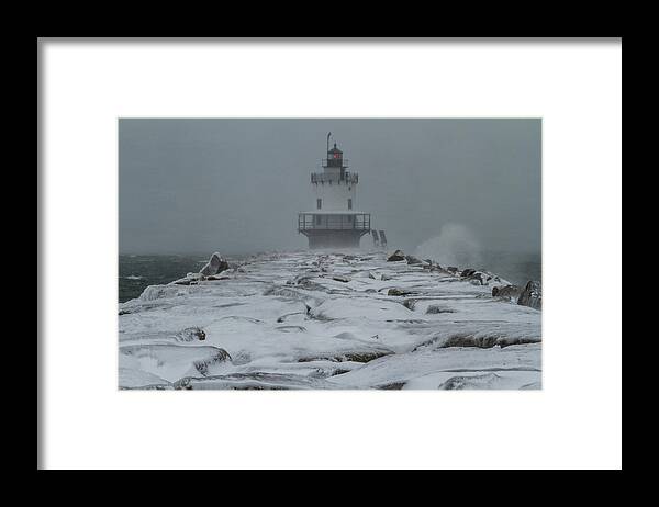 Maine Framed Print featuring the photograph Spring Point Ledge Light Blizzard by Colin Chase
