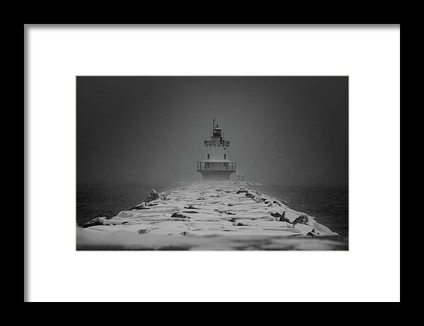 Sprint Point Framed Print featuring the photograph Spring Point Ledge Lighthouse Blizzard in Black n White by Darryl Hendricks