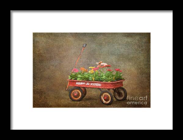 Wagon Framed Print featuring the digital art Spring Red Wagon 1 by Jayne Carney