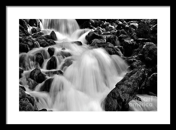 Stream Framed Print featuring the photograph Spring waterfall over mossy rocks in black and white by Bruce Block