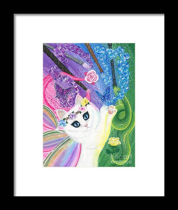 Fairy Cat Framed Print featuring the painting Springtime Magic - White Fairy Cat by Carrie Hawks