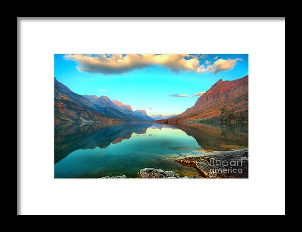 St Mary Lake Framed Print featuring the photograph St Mary Lake Clouds And Calm Water by Adam Jewell