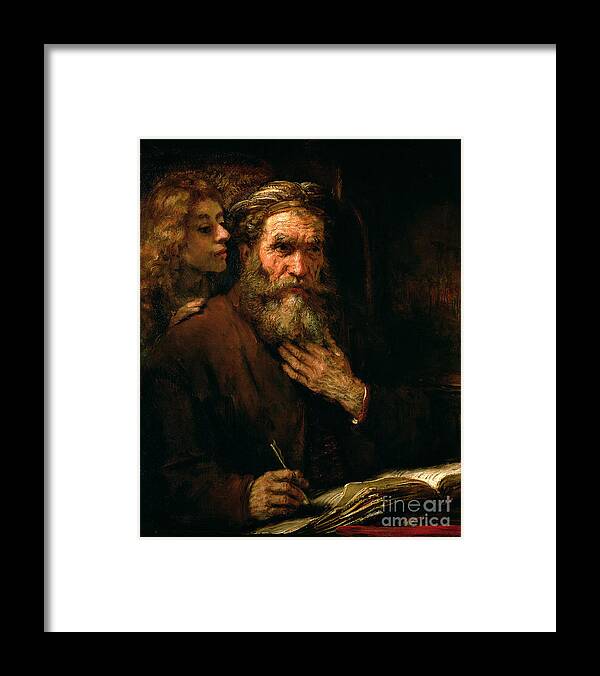 Old Man; Bearded; Gospel; Evangelist; Pen; Writing Framed Print featuring the painting St Matthew and The Angel by Rembrandt Harmensz van Rijn