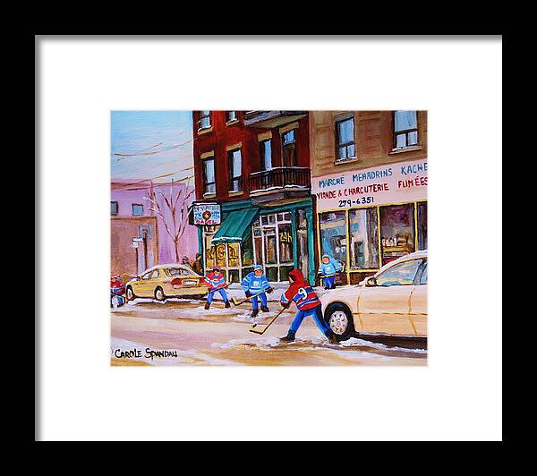 Montreal Framed Print featuring the painting St. Viateur Bagel with boys playing hockey by Carole Spandau