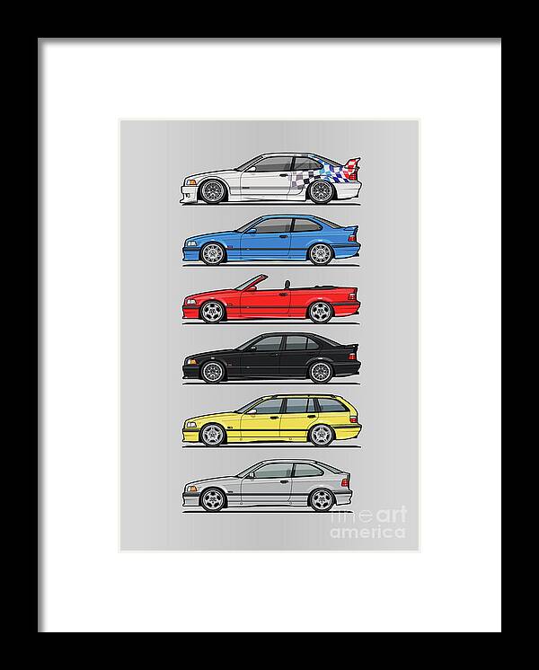 Automotive Art Framed Print featuring the digital art Stack of E36 Variants by Tom Mayer II Monkey Crisis On Mars