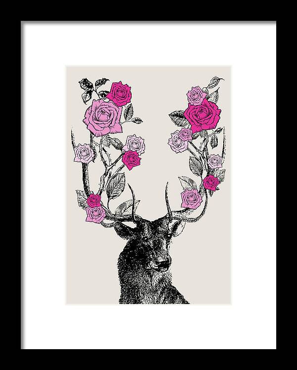 Stag And Roses Framed Print featuring the digital art Stag and Roses by Eclectic at Heart
