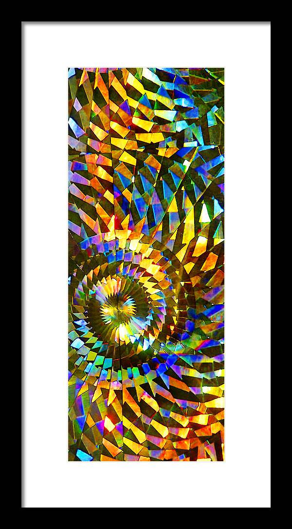 Stained Glass Fantasy Color Swirl Bright Pieced Piecing Abstract; Art; Artistic; Artwork; Background; Colorful; Creative; Decor; Decoration; Decorative; Design; Detail; Light; Mosaic; Pattern; Refraction Mosaic Refracted Framed Print featuring the photograph Stained Glass Fantasy 1 by Frances Miller