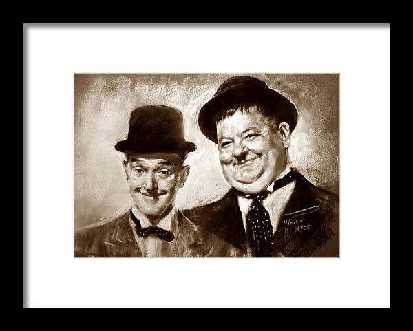 Stan Laurel Framed Print featuring the drawing Stan Laurel Oliver Hardy by Ylli Haruni