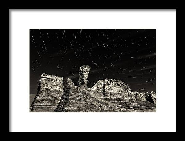 Bill Kesler Photography Framed Print featuring the photograph Star Trails - Monument Rocks - Black-and-White by Bill Kesler
