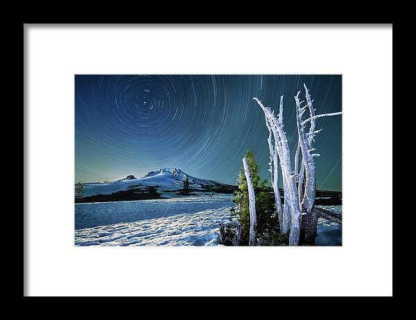 Landscape Framed Print featuring the photograph Star trails over Mt. Hood by William Lee