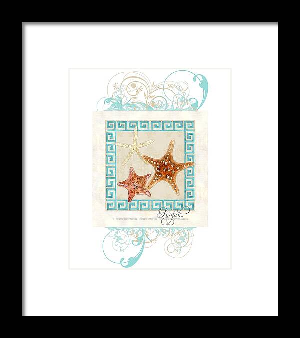 White Finger Starfish Framed Print featuring the painting Starfish Greek Key Pattern w Swirls by Audrey Jeanne Roberts