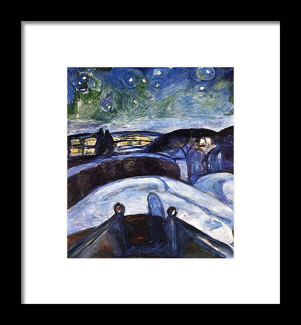 Starry Night - Edvard Munch Framed Print featuring the painting Starry night by MotionAge Designs