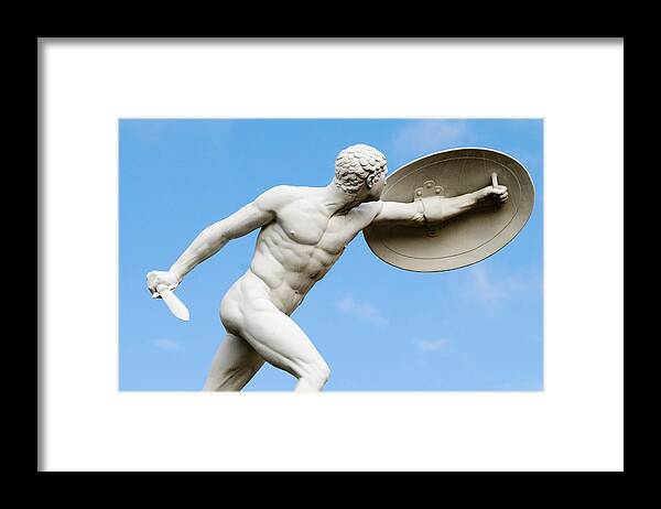 Germany Framed Print featuring the photograph Statue of nude man with shield and dagger by German School