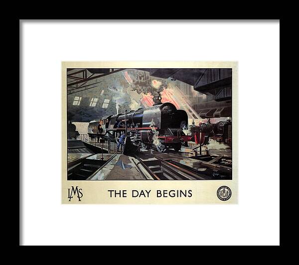 Steam Locomotive Framed Print featuring the painting Steam Engine Locomotive at the Terminal - The Day Begins - Vintage Advertising Poster by Studio Grafiikka