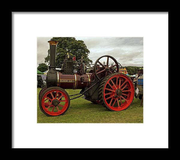 Steam Traction Engine Boiler Red Chains Steering Wheel Chimney Diamond Queen Name Plate 1897 Drive Wheel Framed Print featuring the photograph Steam Traction Engine Diamond Queen by Jeff Townsend