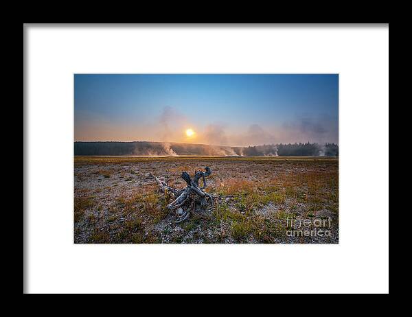 Sunrise Framed Print featuring the photograph Steamy Sunrise in Yellowstone by Michael Ver Sprill
