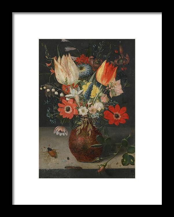 Peter Binoit Still Life Of Flowers In An Earthenware Vase On A Ledge Framed Print featuring the painting Still Life Of Flowers In An Earthenware Vase On A Ledge by MotionAge Designs