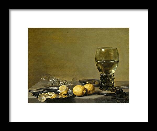 Pieter Claesz Framed Print featuring the painting Still life of lemons and olives pewter plates a roemer and a facon-de-venise wine glass on a ledge by Pieter Claesz