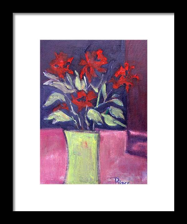 Strong Design Framed Print featuring the painting Still Life of Red Flowers in Yellow Jug by Betty Pieper