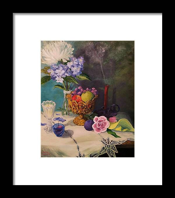 Oil Paintings Framed Print featuring the painting Still Life on Lace by Sharon Casavant