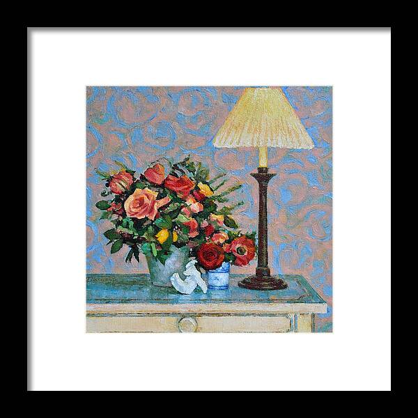 Flowers Framed Print featuring the painting Still life with a Lamp by Iliyan Bozhanov