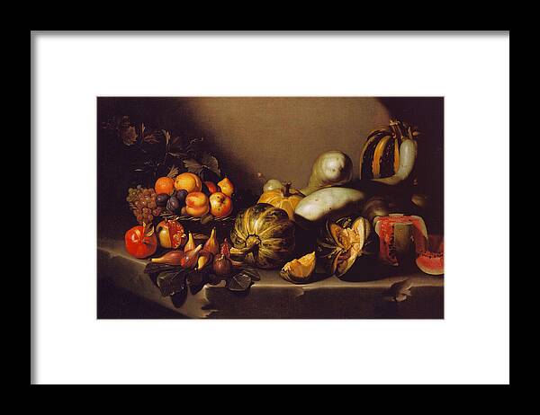 Still Life With Fruit On A Stone Ledge (c. 1601-05). Caravaggio Framed Print featuring the painting Still Life with Fruit on a Stone Ledge by MotionAge Designs