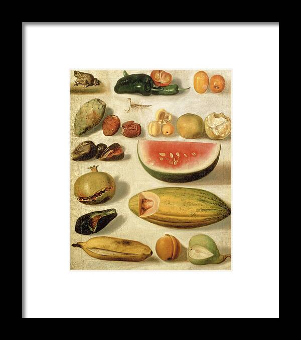 Hermenegildo Bustos Framed Print featuring the painting Still life with fruit with scorpion and frog by Hermenegildo Bustos
