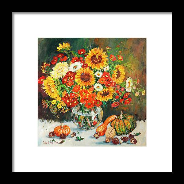 Flowers Framed Print featuring the painting Still Life with Gourds by Ingrid Dohm