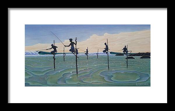 Fishermen Framed Print featuring the painting Stilt Fishermen of Ahangama by Nathan Ledyard