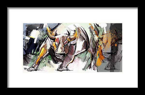 Stock Market Bull Framed Print featuring the painting Stock Market Bull by John Gholson