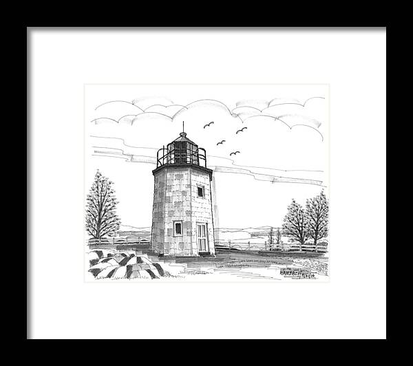 Landscape Framed Print featuring the drawing Stony Point Lighthouse by Richard Wambach