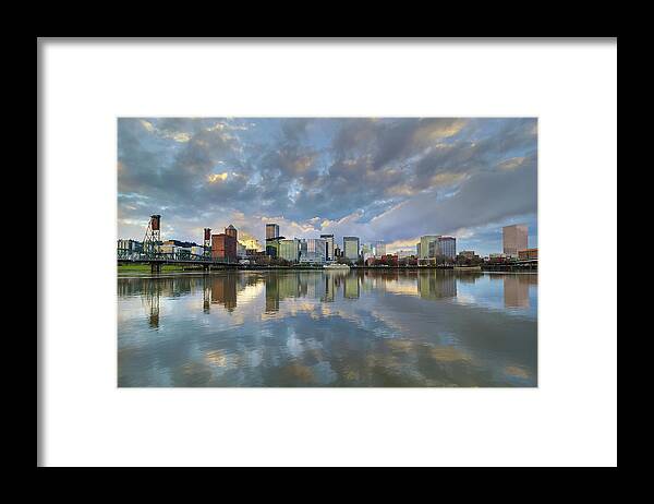 Portland Framed Print featuring the photograph Storm Clouds over Portland Skyline during Sunset by David Gn