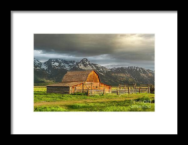 Moulton Barn Framed Print featuring the photograph Storm Clouds over The Mormon Barn in Grand Teton National Park by Ronda Kimbrow