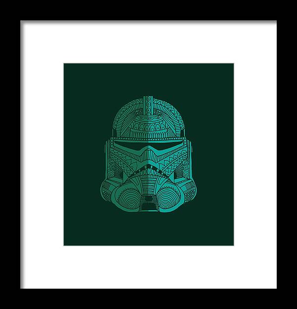 Stormtrooper Framed Print featuring the mixed media Stormtrooper Helmet - Star Wars Art - Blue Green by Studio Grafiikka