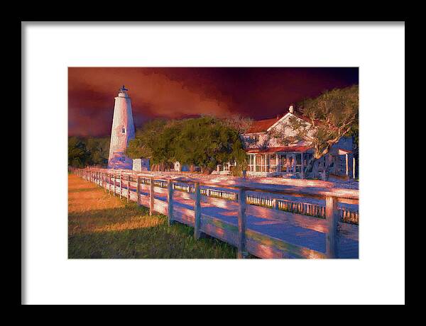 North Carolina Framed Print featuring the painting Stormy Sunset on Ocracoke Outer Banks Lighthouse AP by Dan Carmichael
